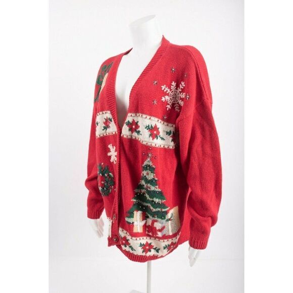 Clarly St. Claire Womens Ugly Christmas Sweater Cardigan M Red Button Beaded - Picture 2 of 6